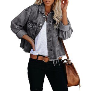 Brand New Women Z Gray Black Jean Cropped Frayed Button Up Denim Jacket
